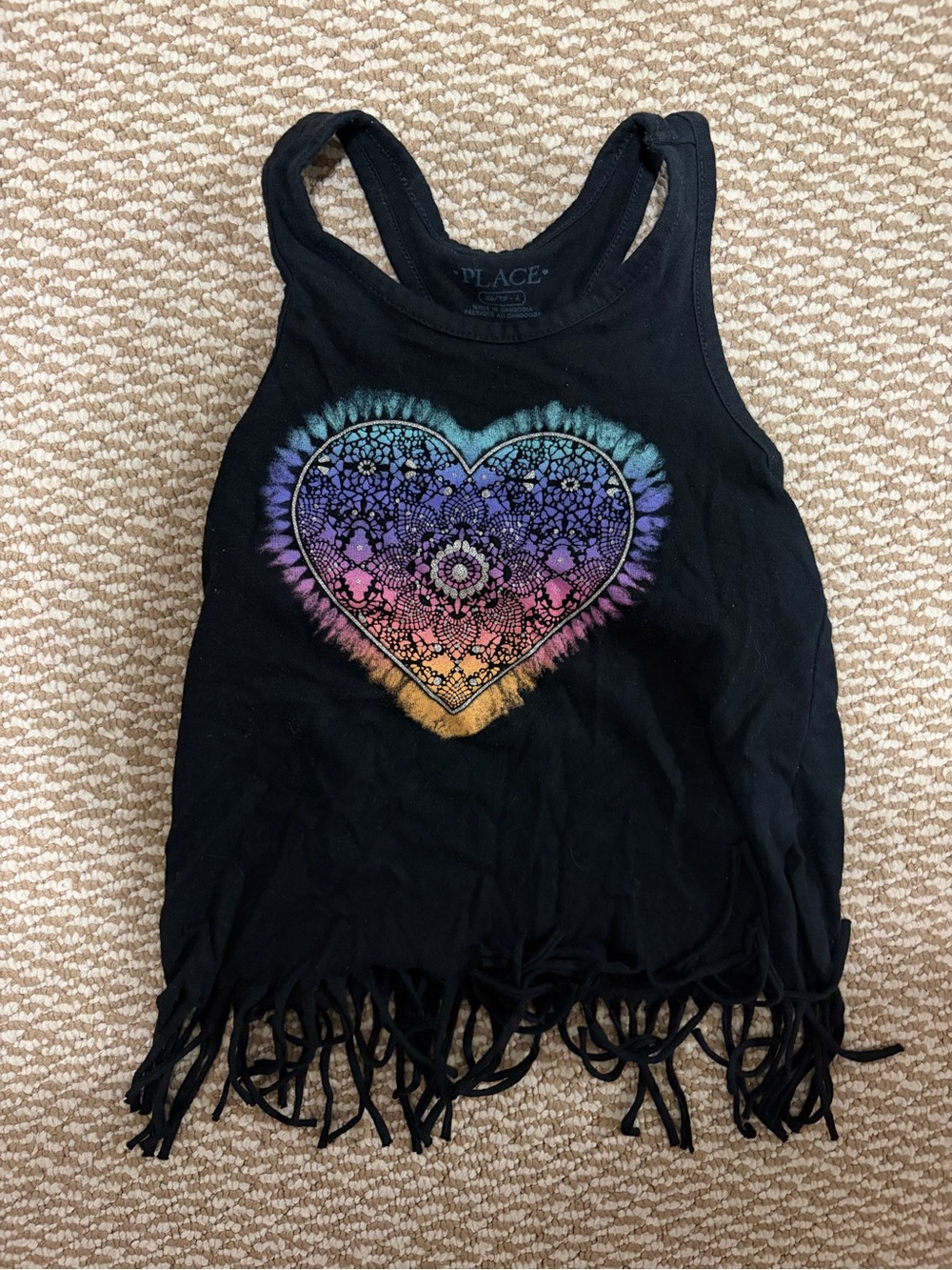 The Children's Place Black Tank with Rainbow Lace Heart and Fringe